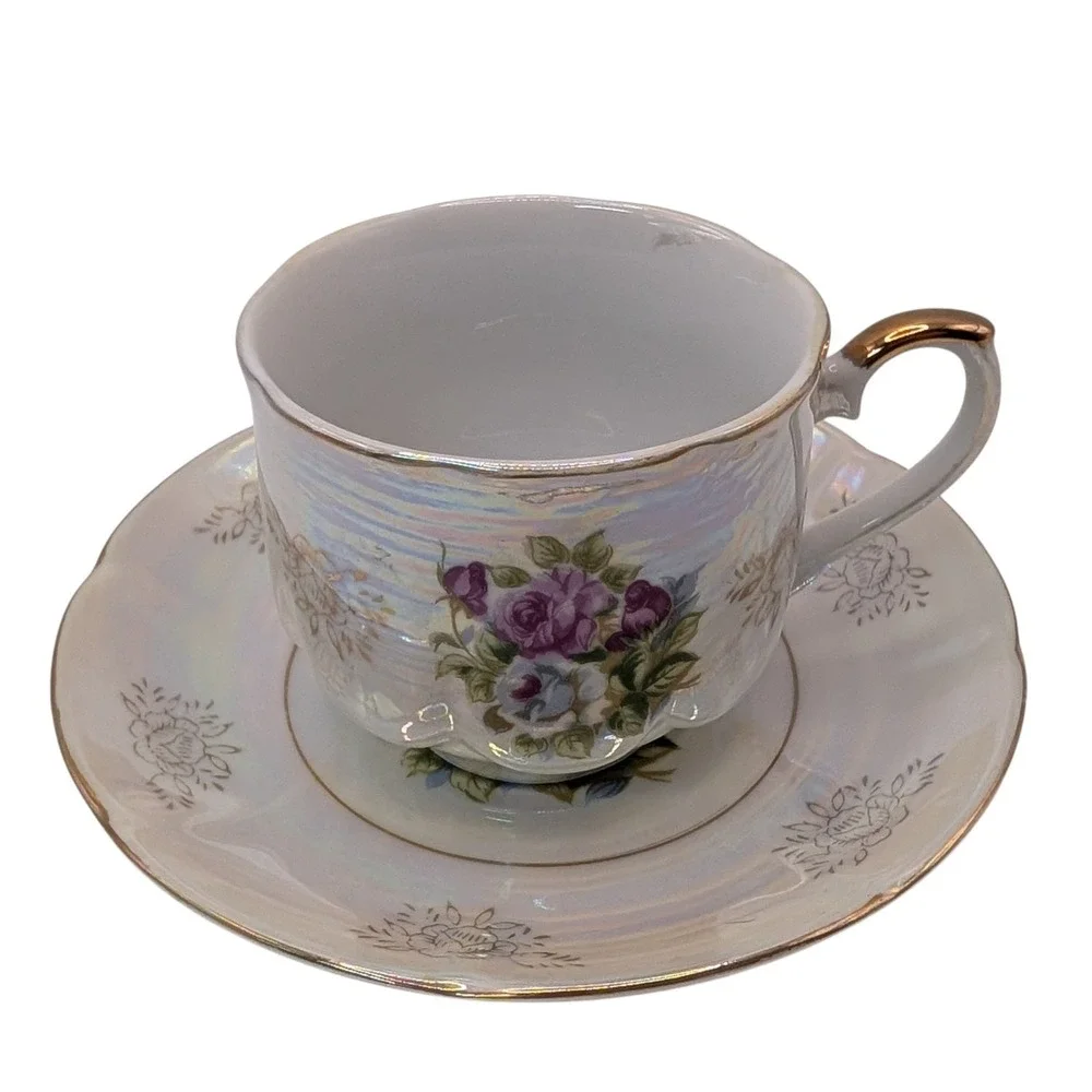 Vintage Seyei Fine China Demitasse Cup and Saucer Iridescent Footed Floral SEE